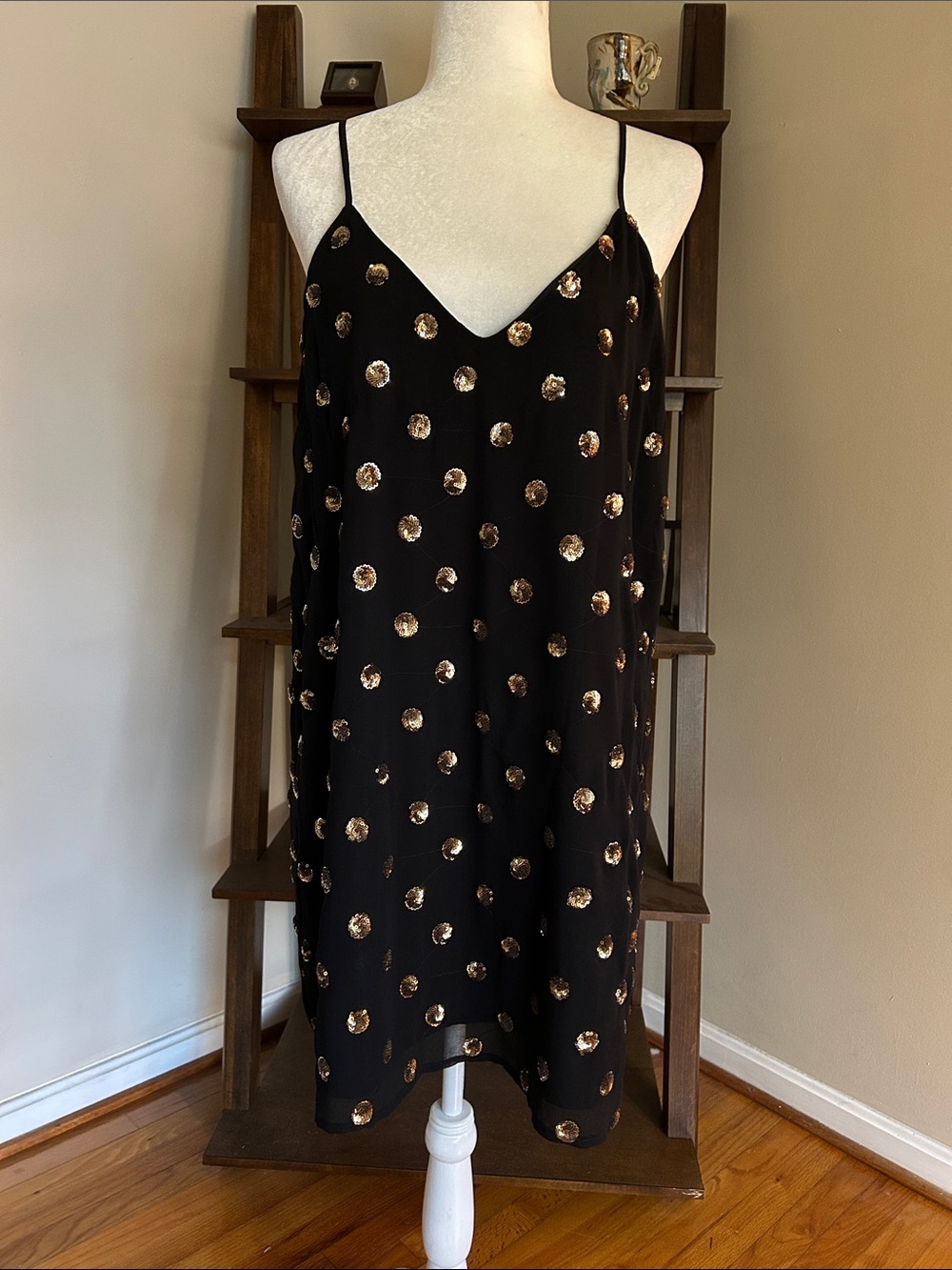 Jack by BB Dakota Black Mini Slip Dress with Sequin Gold Dot Pattern